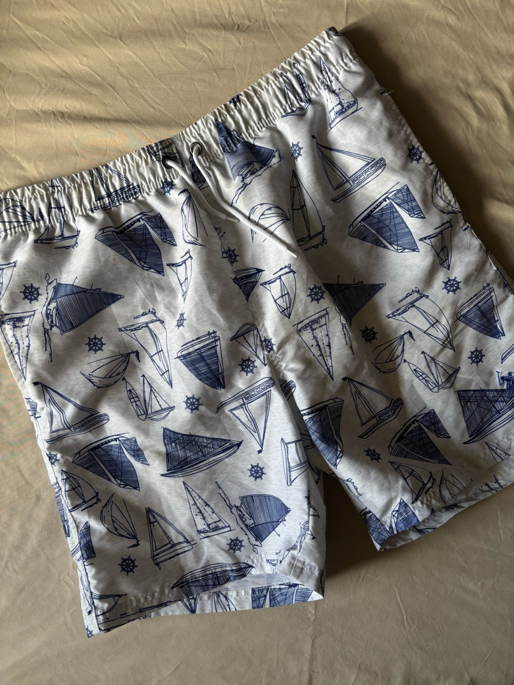 U.S. Polo Assn. Men’s White Swim Shorts with Navy Boat Print